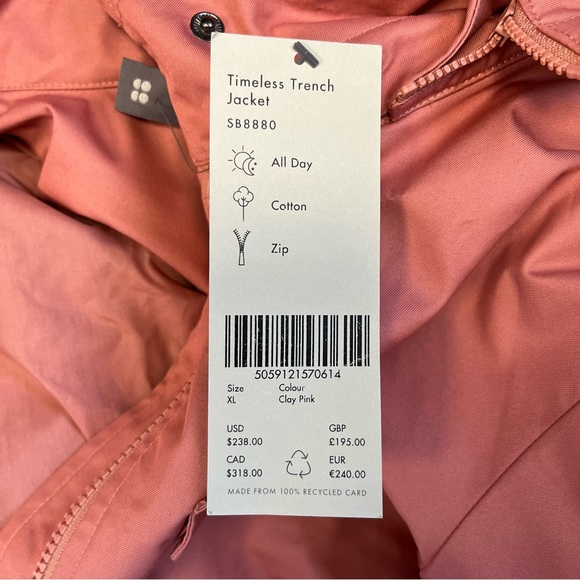 NWT $318 Sweaty Betty Timeless Cropped Trench Jacket Clay Pink Size 12 Hooded - Picture 7 of 8